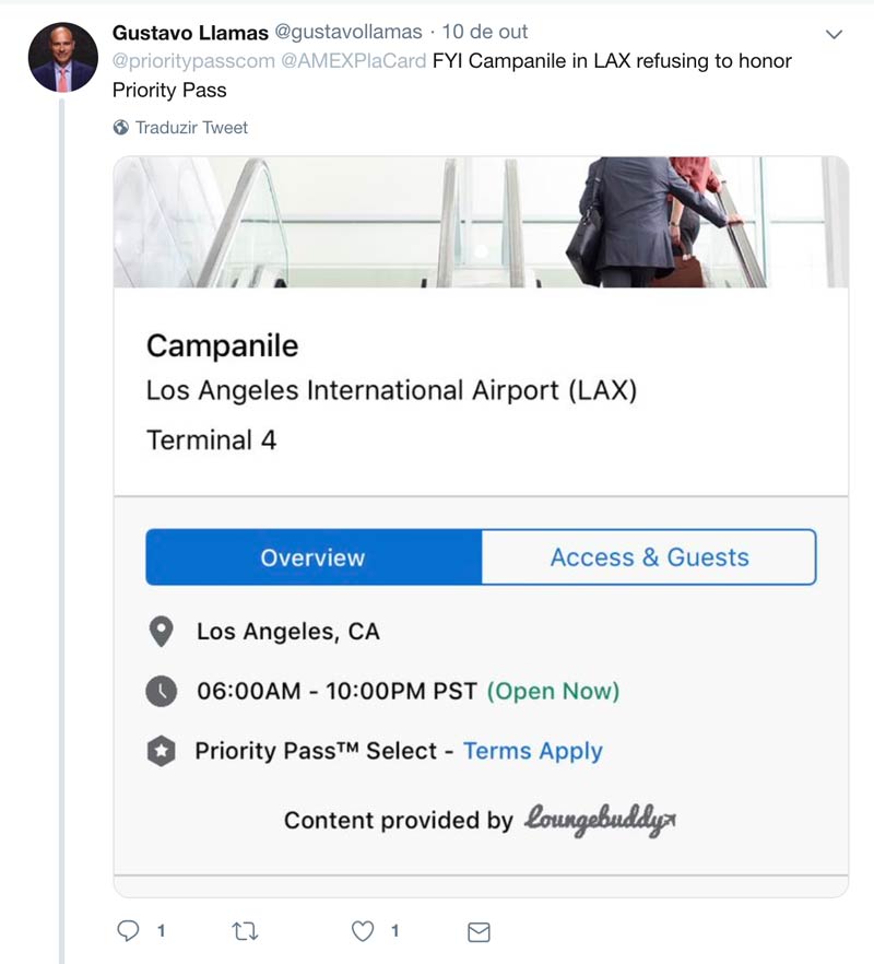 Cliente reclama que lounge do Aeroporto Internacional de Los Angeles não está honrando a parceria com o programa Priority Pass